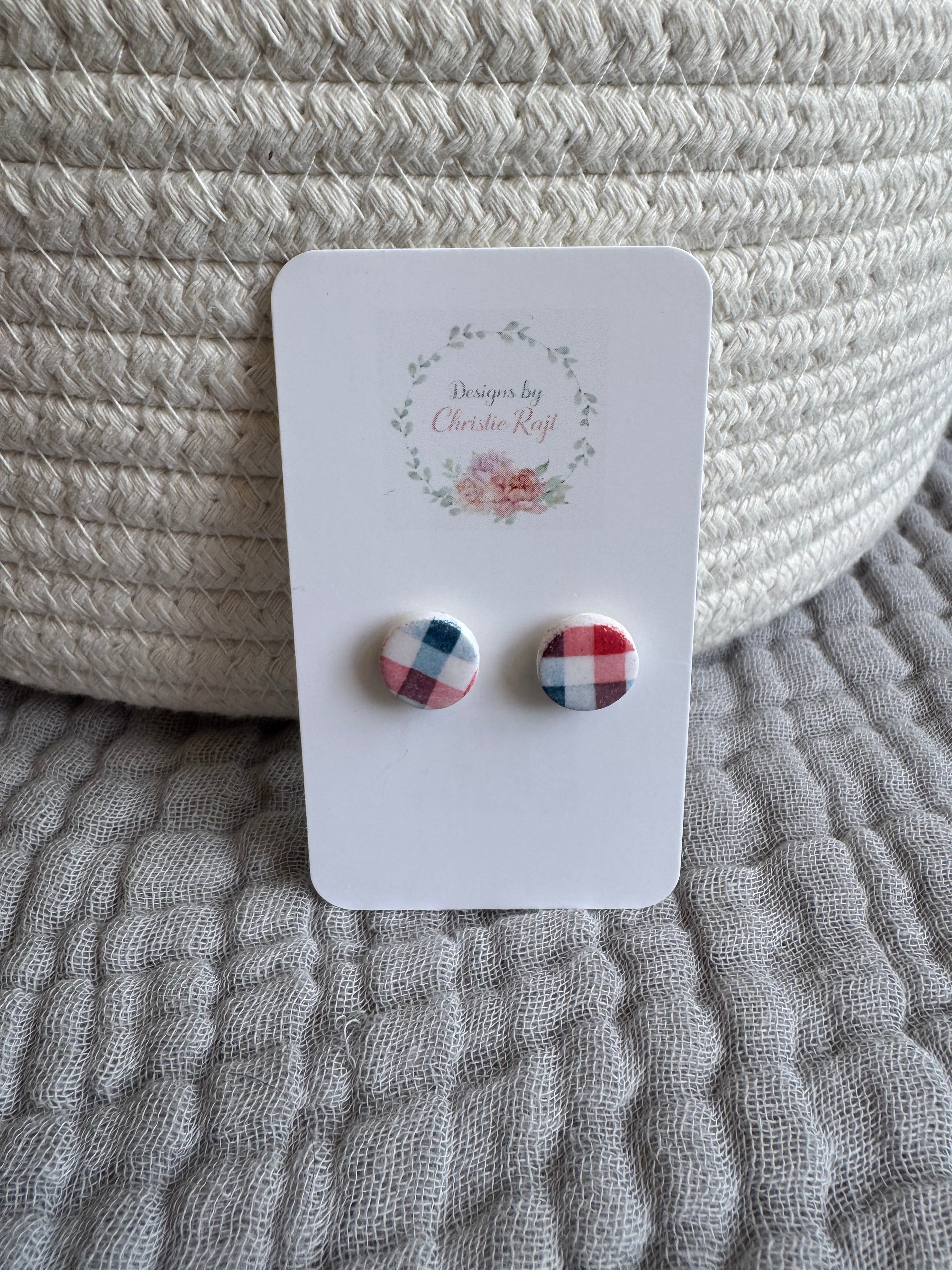 Red, White, & Blue Plaid Circle Stud Earrings