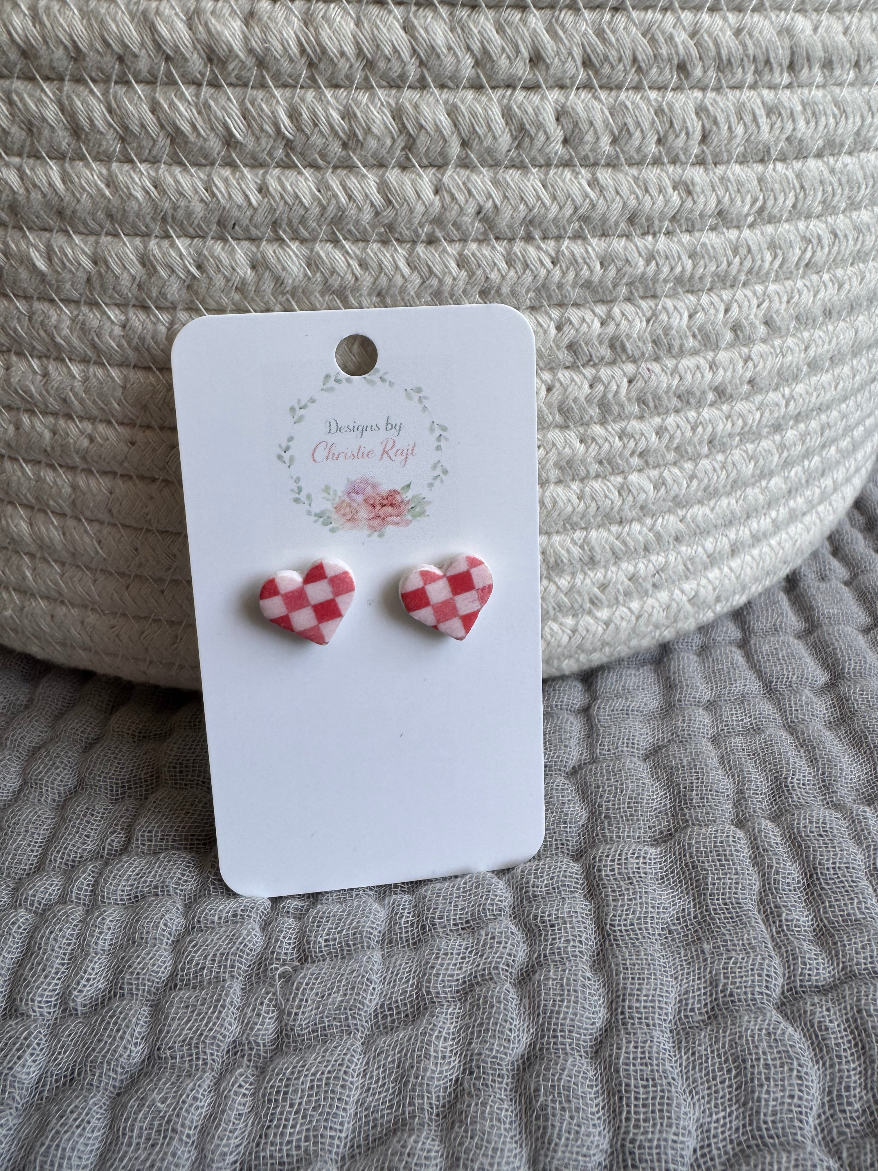 Pink Checker Heart Stud Earrings