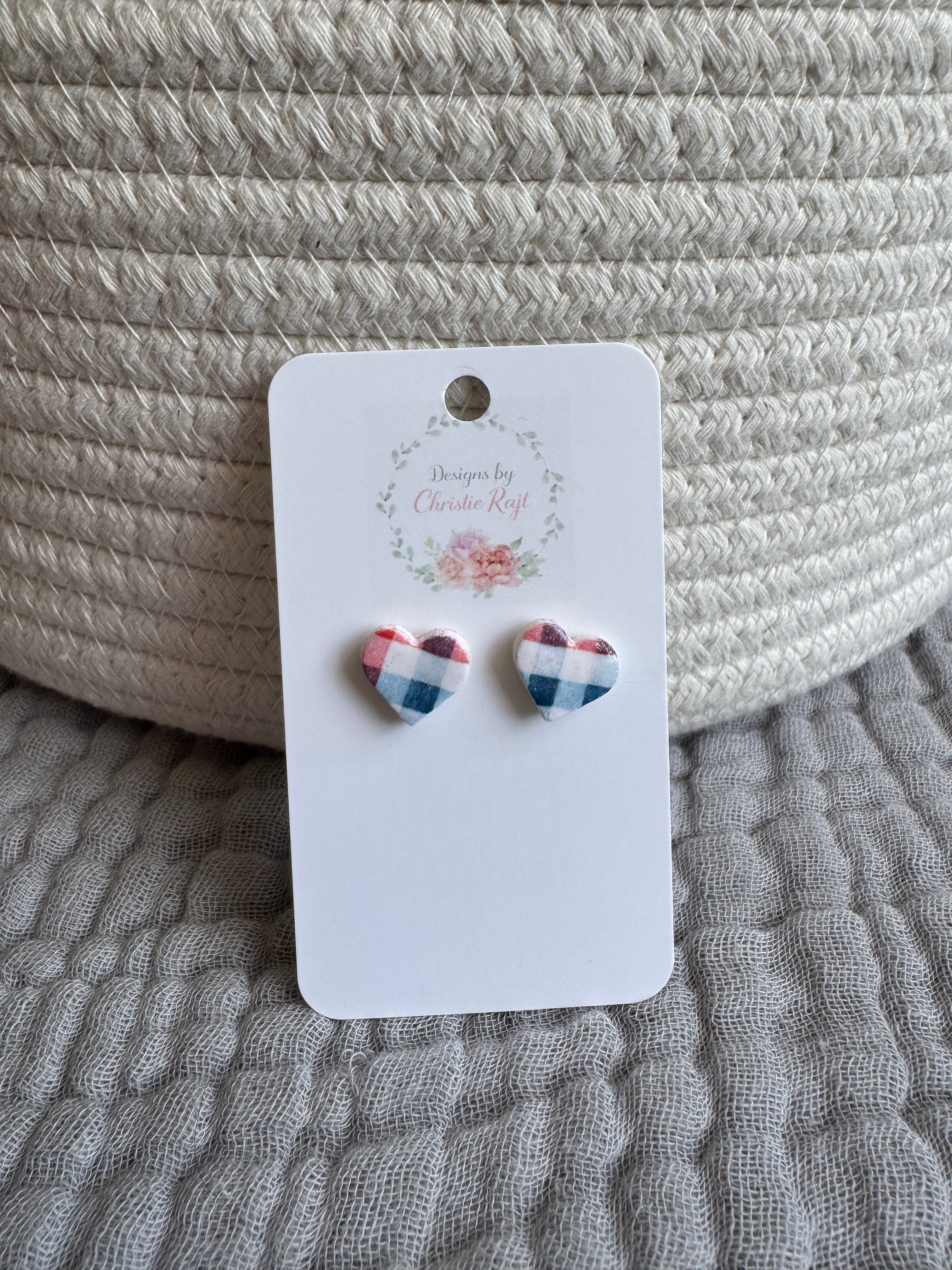Red, White, & Blue Plaid Heart Stud Earrings