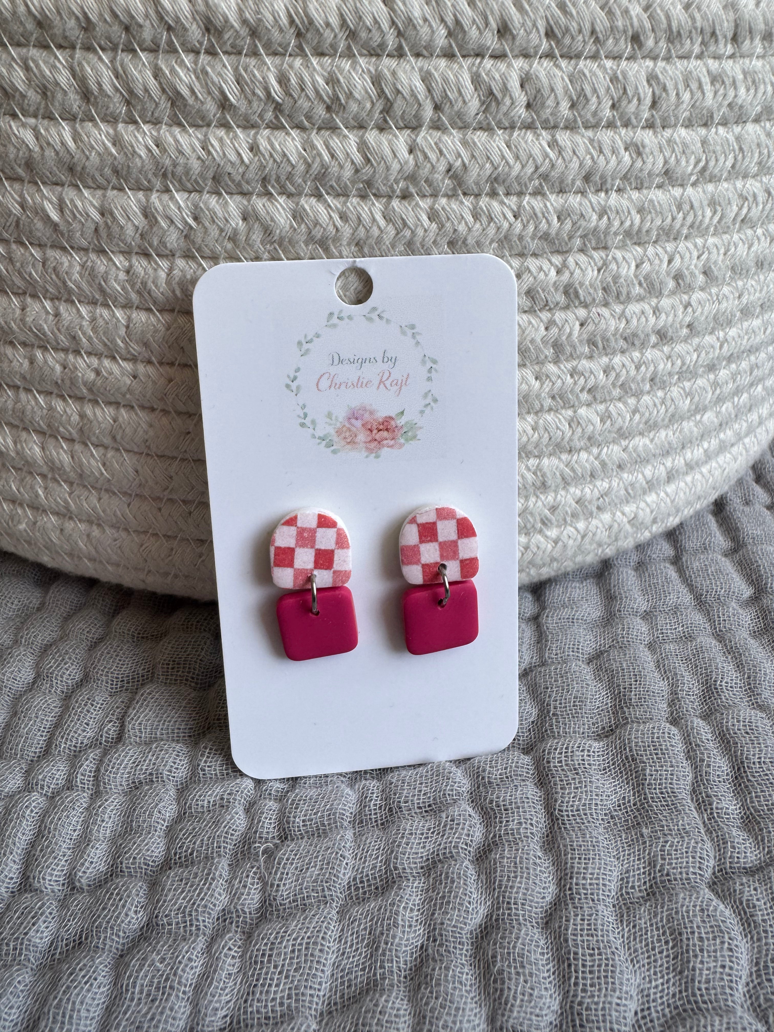Pink Checker Dangle Earrings